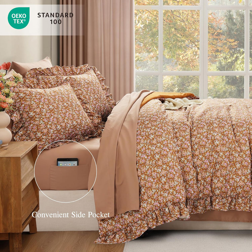 Queen Comforter Set - 7 Pieces Ruffle Brown Bedding Sets, Shabby Chic Farmhouse Bed in a Bag with Ruffle Comforter