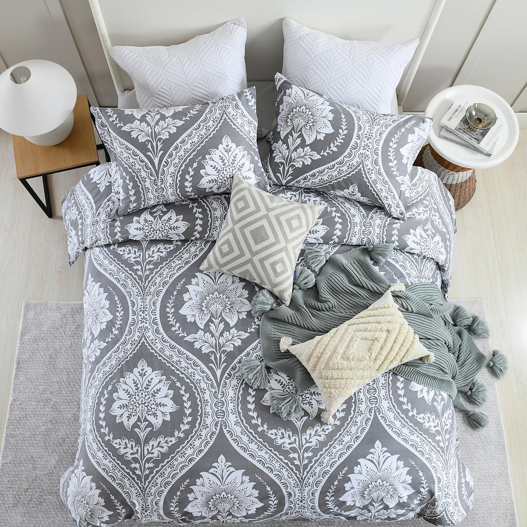 Damask Duvet Cover Set, Gray White, 100% Cotton, 90"x90"