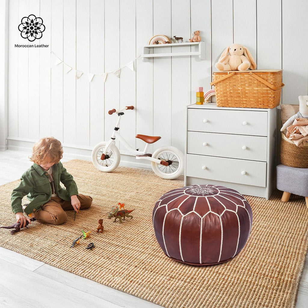 Pouf Ottoman Cover, Unstuffed Foot Stool, Round Boho Footrest Decor Gift (Dark Brown)
