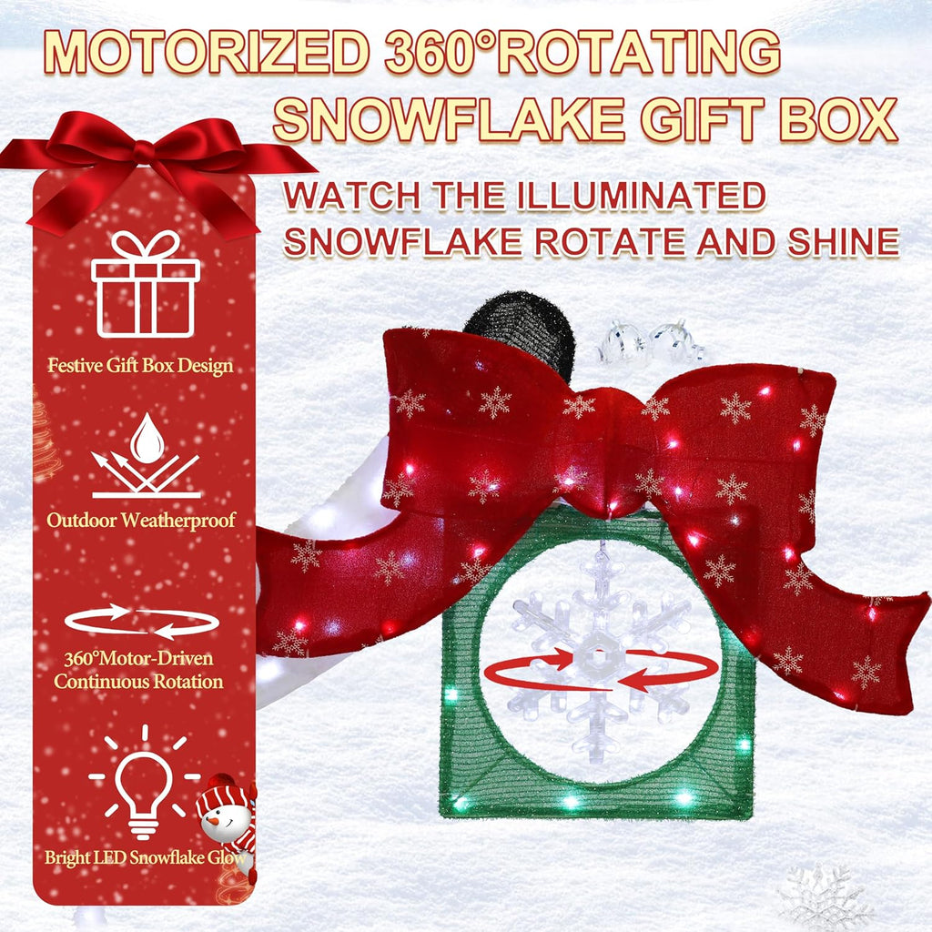 6FT Lighted Snowman Christmas Decor, Rotating Snowflake Gift Box