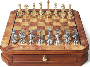 Luxury Wooden Chess Set with Metal Pieces, Handcrafted Solid Wood Board & Storage Drawer - Creative Gift for Men