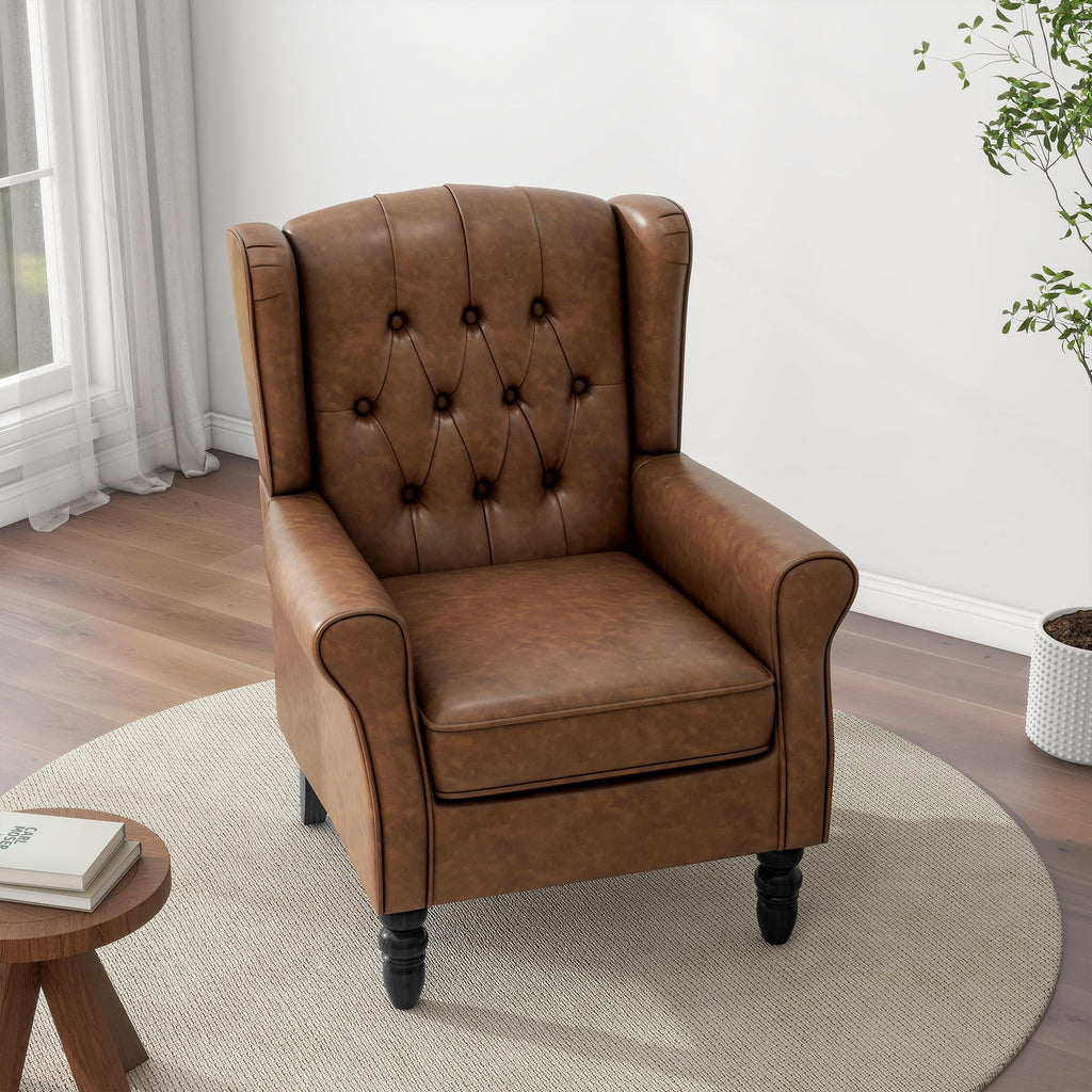 Faux Leather Wingback Accent Chairs, Tufted High Back Armchair, Brown