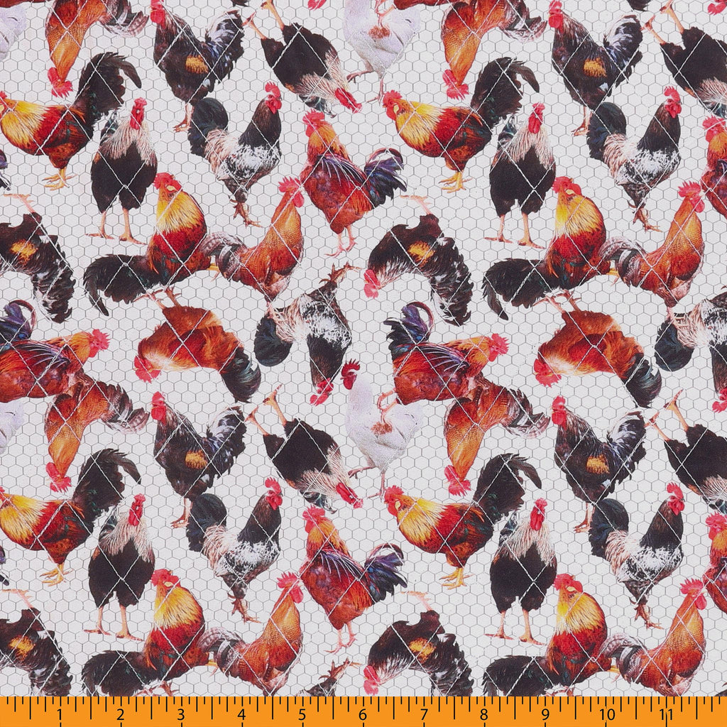 Double Faced Quilted Cotton, Farm Animals Rooster White