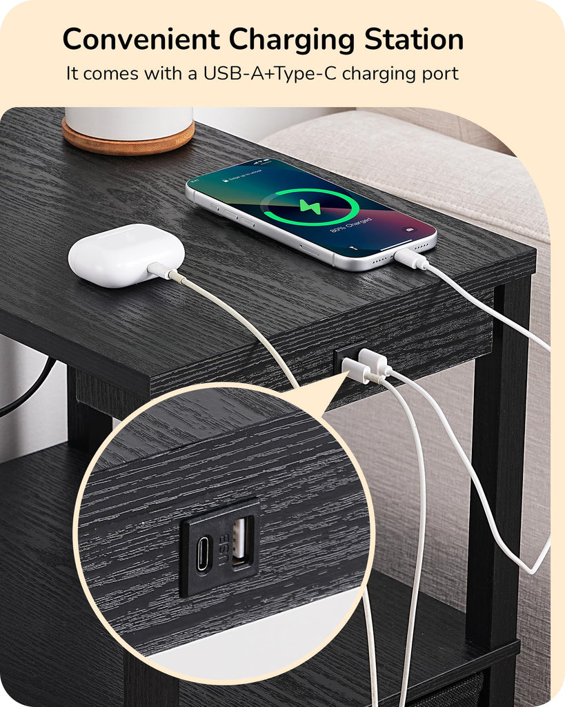 Floor Lamp with Table, Dimmable USB-A+Type-C Ports, Remote, Black