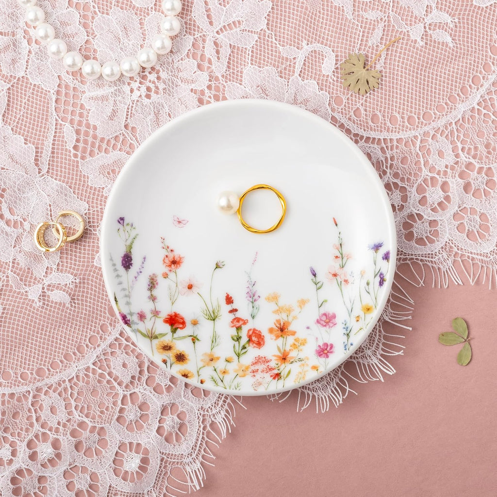 Flower Trinket Dish Jewelry Tray & Gift Box, Ceramic Ring Dish for Rings Earrings Necklaces Keys, Bridal Shower