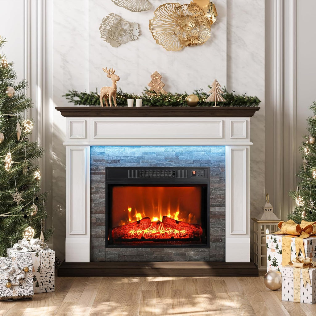 44" Electric Fireplace with Mantel, Tall Fireplace Heater Freestanding, Realistic Stacked Stone Surround with Timer