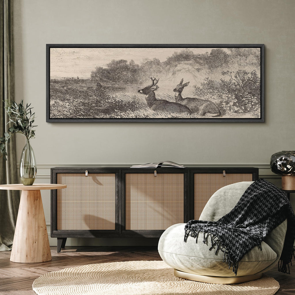 Large Framed Canvas Vintage Deer Meadow Landscape Illustrations Modern Art Calm Warm - 60"" x20