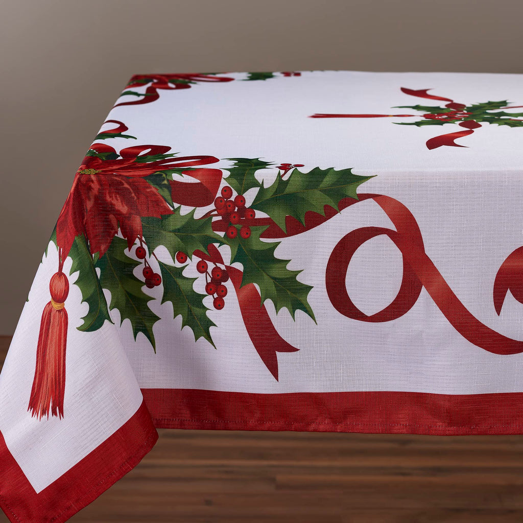 Christmas Ribbon Tablecloth (60 x 102 Inch) for 6 Foot Rectangle Tables, Heavy Duty Fabric, Stain Proof Xmas Ribbon