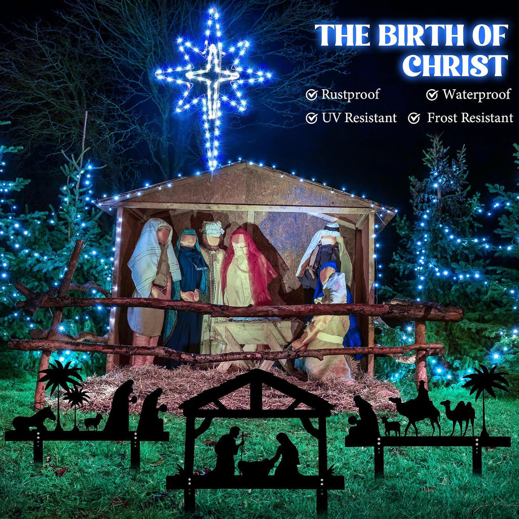 26" Bethlehem Star Outdoor Christmas Lights, 149 LEDs Christmas Tree Lights with Nativity Scene Garden Stakes, Star