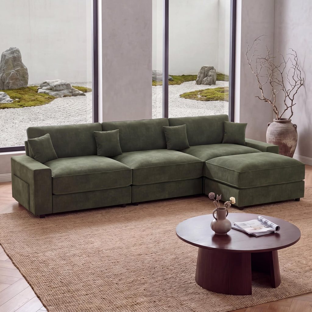 115" L-Shaped Modular Sectional Sofa, Oversized Deep Seat with Movable Ottoman, Chenille Upholstery, Side Pocket & 4
