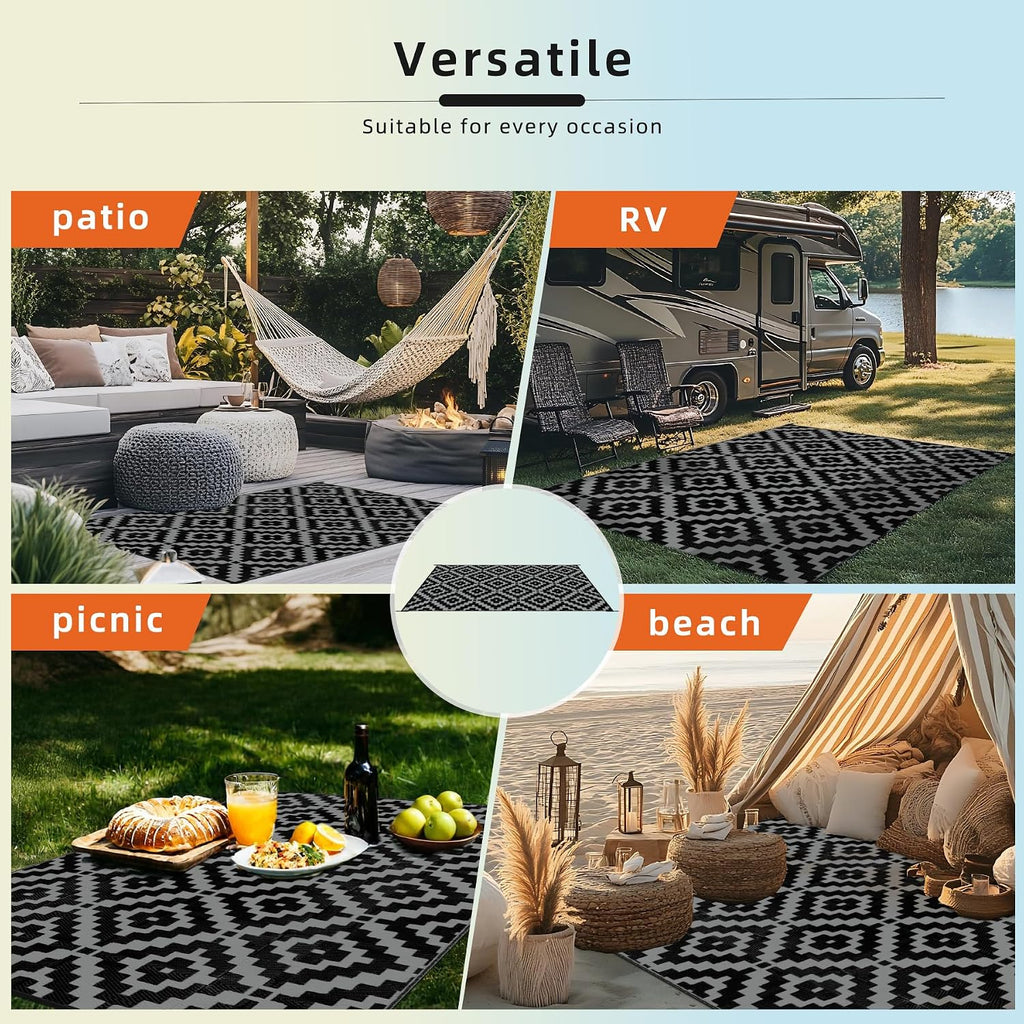 Outdoor Rug Black & Grey Waterproof Reversible Carpet Mat