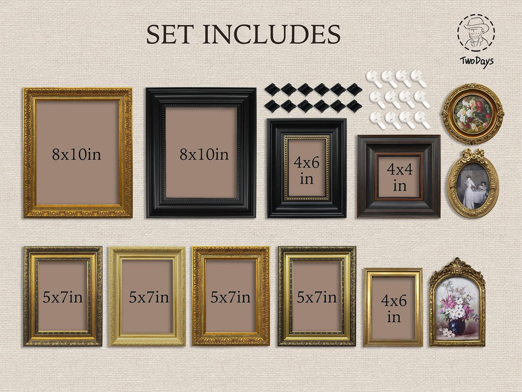 12 Pcs Vintage Picture Frame Set for Gallery Wall - Antique Gold & Brass, Sizes 8x10, 5x7, 4x6 | Wall & Tabletop |