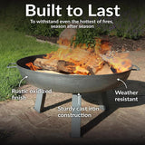 30 Inch Cast Iron Fire Pit Bowl - Wood Burning Outdoor with Handles - Gray