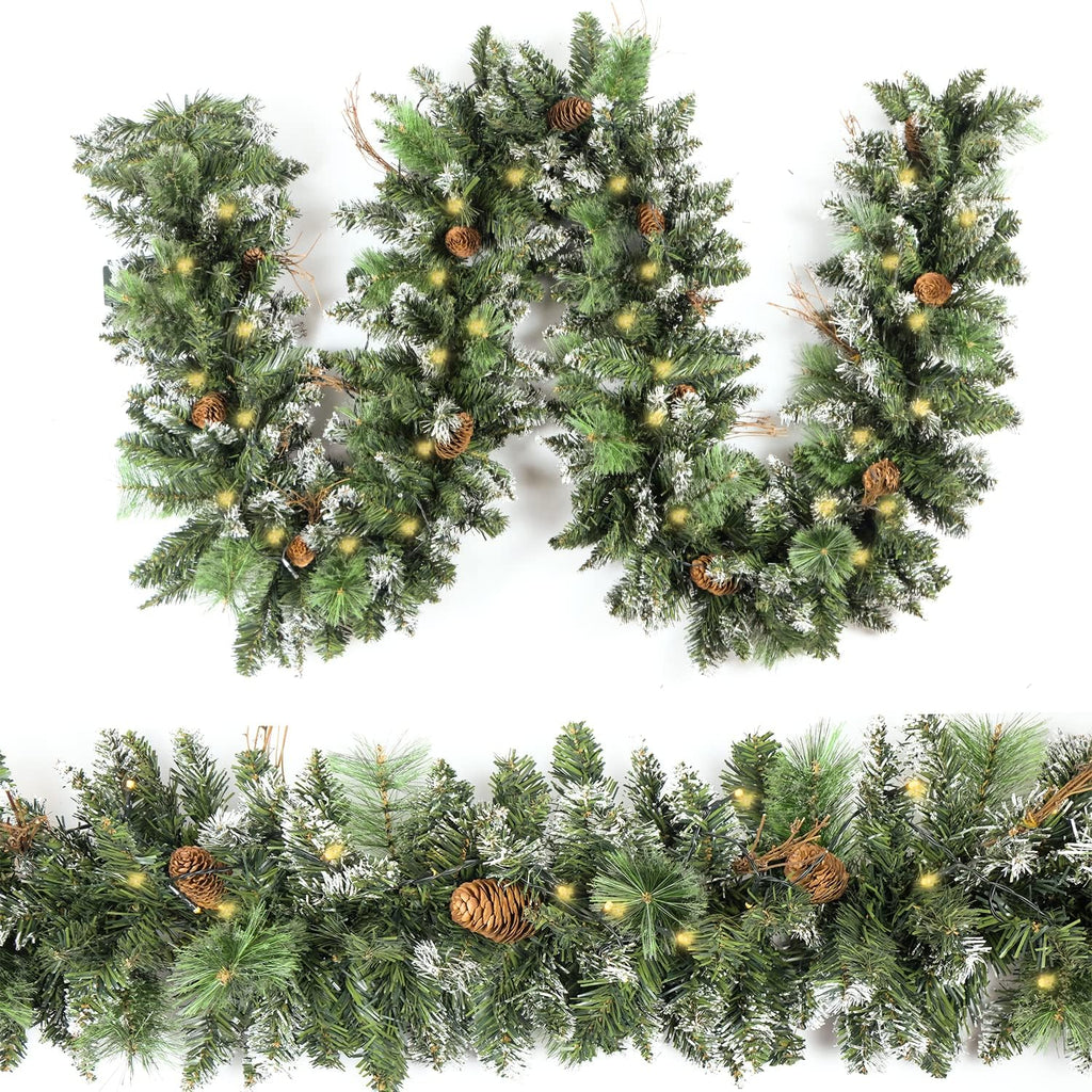 Christmas Garland Prelit 9 Ft Battery Operated with 50 Led Lights, Pine Cone and Snow Style Xmas Garland, Christmas