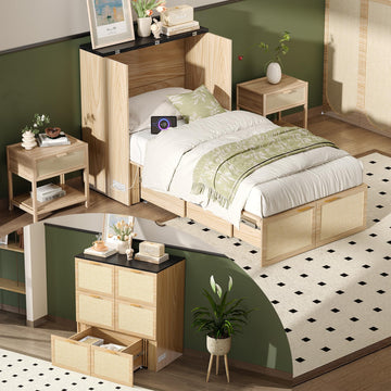 Twin Size Rattan Murphy Bed with Storage Drawer, Charging Station, Boho, Hideaway Paltform Panel Bed for Small