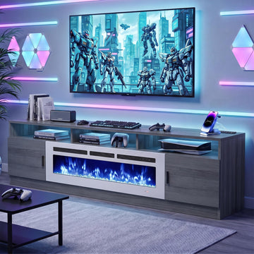 78" for TVs up to 90", Modern Entertainment Center with 36" Electric Fireplace, Built-in Power Outlet, 12-Color LED
