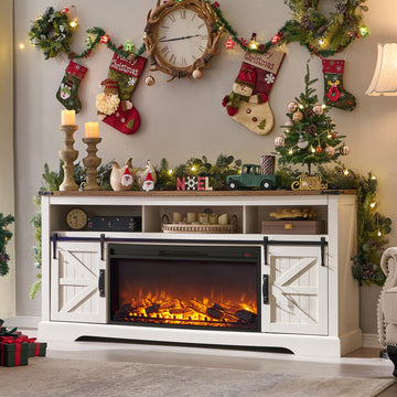 70" Farmhouse TV Stand with 36" Electirc Fireplace, Antique White