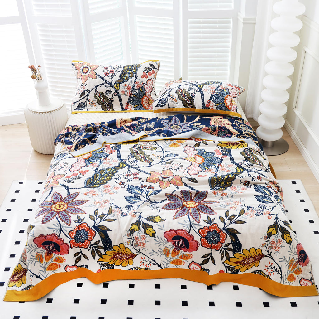 Boho Flower Blossom Farmhouse Retro Floral 100% Cotton Muslin Blanket Throw Cover for Bed Couch Sofa Cozy Soft