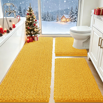 Upgrade Extra Large Gold Bathroom Rug Set 3 Pieces Ultra Soft, Thick Absorbent Bath Mats, Non Slip Chenille Toilet
