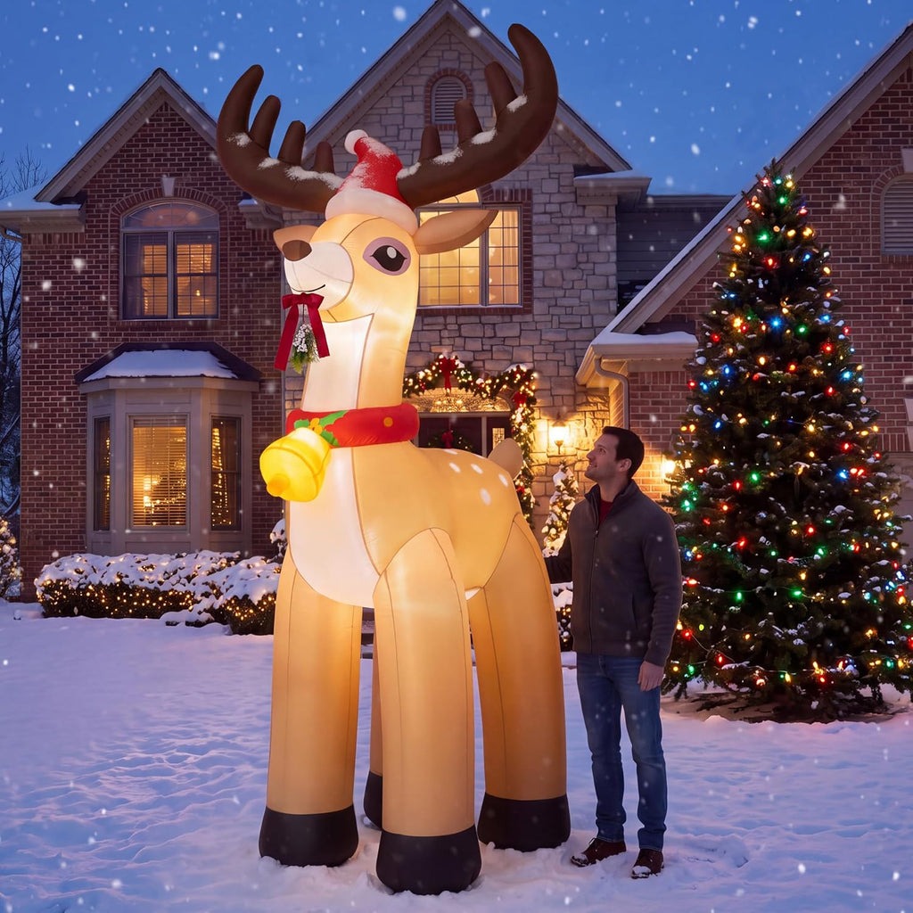 10FT Giant Christmas Inflatable Reindeer Outdoor Decoration, Christmas Blow Up Yard Decoration with Santa Hat, Jingle