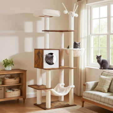 Wooden Cat Tree Tower with Hammock for Indoor Cats