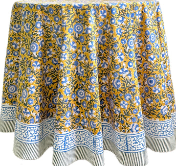 Marigold Blue100% Cotton Round Tablecloth, Block Print Floral Table Cloth for Dining, Parties, Weddings, Outdoors