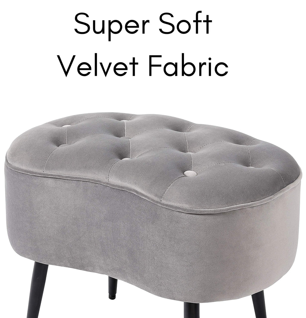 Tufted Oblong Velvet Ottoman - Mid Century Modern Upholstered Foot Rest with Steel Legs - Soft Padded Foot Stool