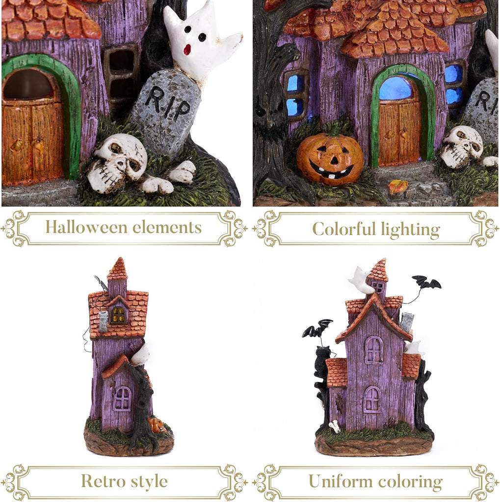 Halloween Decorations, Lighted Halloween Village Houses with LED Lights, Resin Spooky Town Happy Haunted House