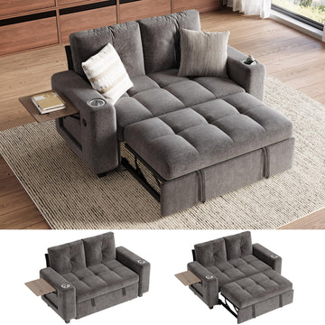 Modular Sectional Sofa Bed, Chenille Pull Out Couch 2 Seat Grey
