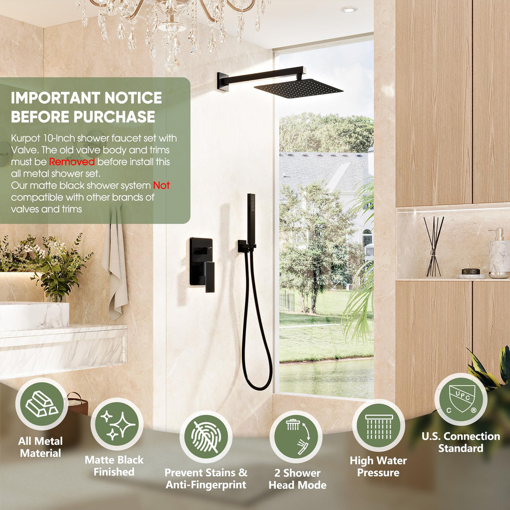 Black Shower System, Wall Mounted Shower Faucet Set with Valve, 10-Inch Rainfall Shower Head with Handheld Combo