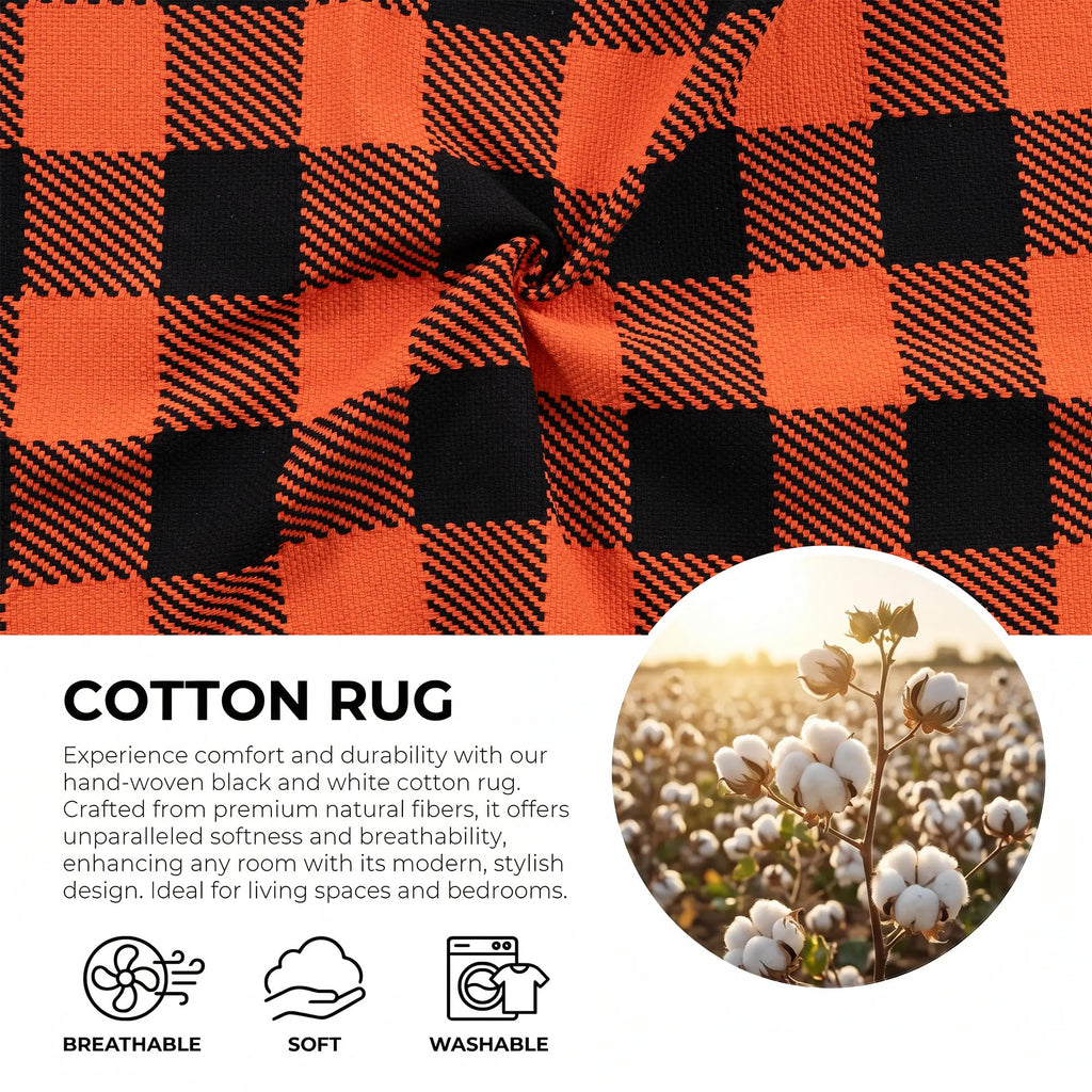 Fall Door Mat Orange and Black Buffalo Plaid Rug 3'x 5', Washable Layering Rug for Front Door Porch Entryway Cotton