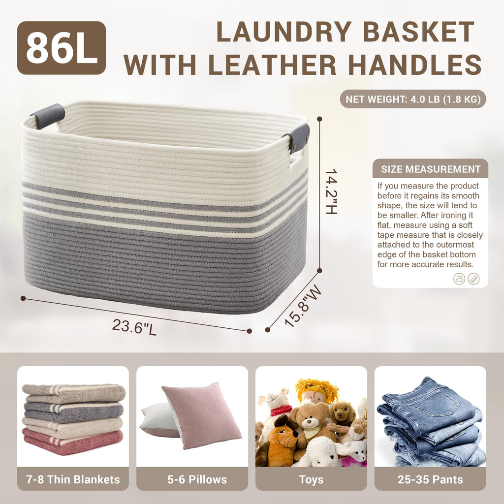 86L Large Woven Laundry Basket Hamper with Leather Handles,Grey