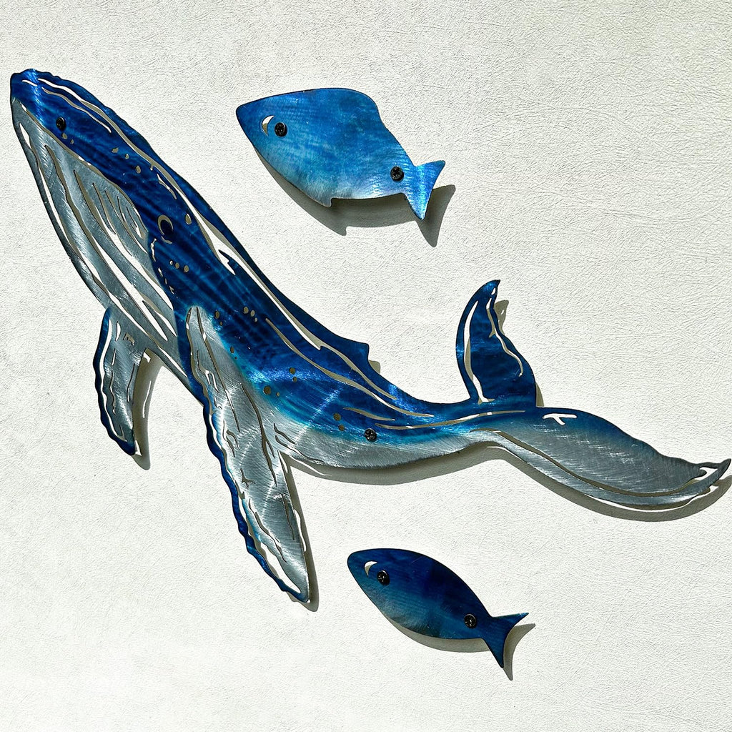 Coastal Wall Art Whale Metal Wall Sculptures, Ocean Beach Themed Metal Hanging Home Decoration 3PCS 16.2"x12.1"