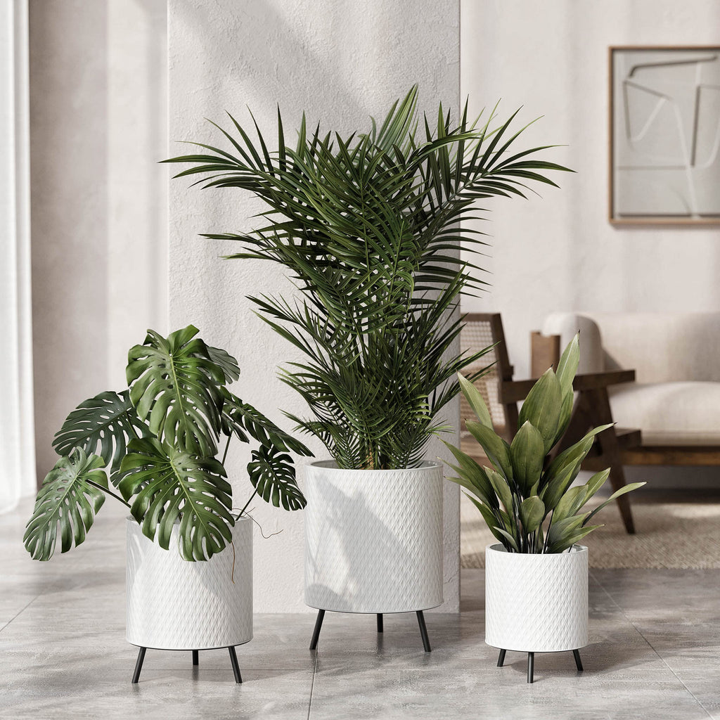 Claire Honeycomb Neutral Modern White Planter with Nyra Stand, Indoor Plant Pots, SelectBase, Mid-Century Modern