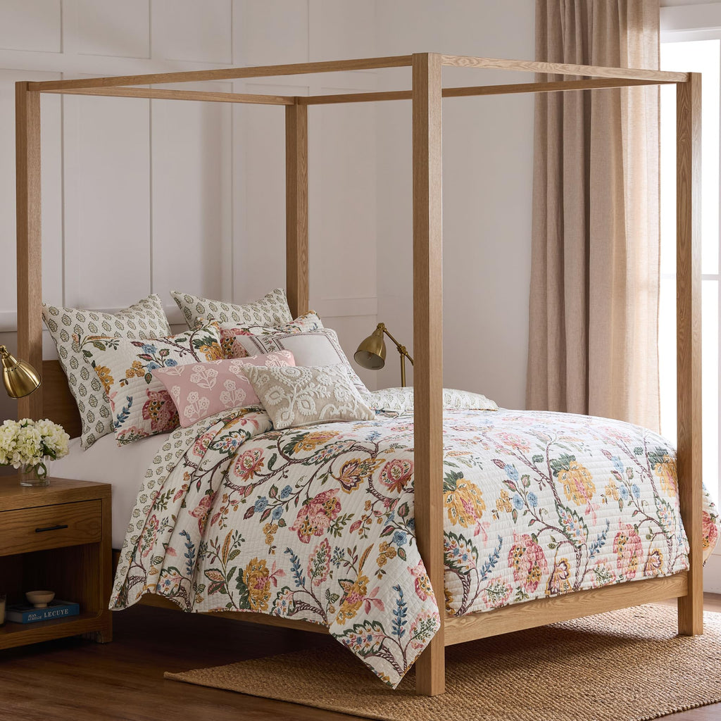 Maileen Dusty Rose Quilt Set - Quilt and One Standard Sham - Floral - Dusty Rose Ochre Blue Green Brown