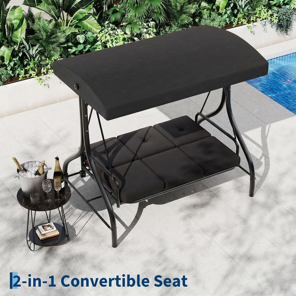 Porch Swing with Stand, 3 Seat Outdoor Patio Swing, 2-in-1 Convertible Swing Bed, Stepless Adjustable UV Resistant