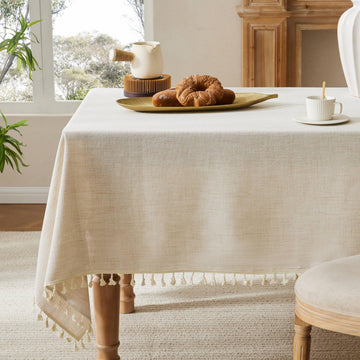 Tassel Linen Rectangular Table Cloth, Light Tan 52x70 Inch