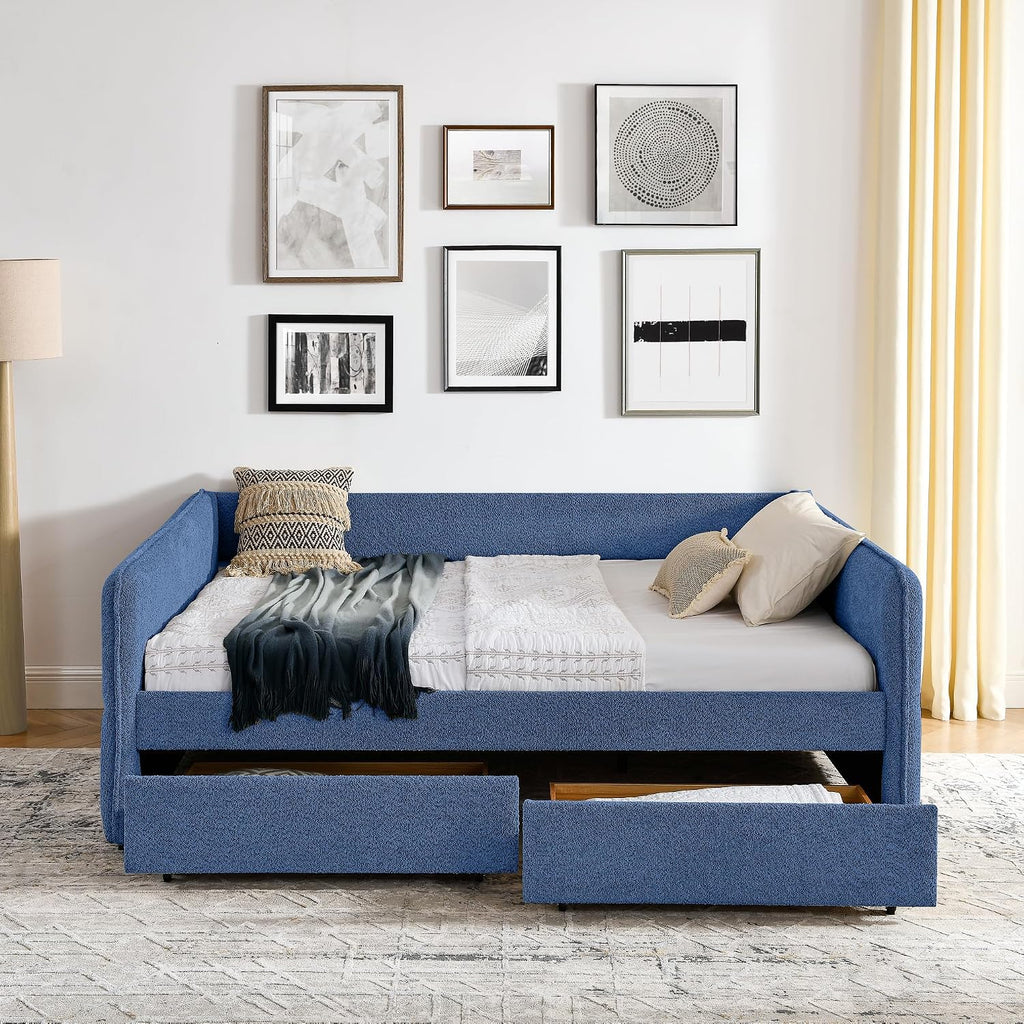 Queen Size Daybed Frame with 2 Storage Drawers, Boucle Upholstered Daybed, Tufted Corner Day Bed with Wood Slats