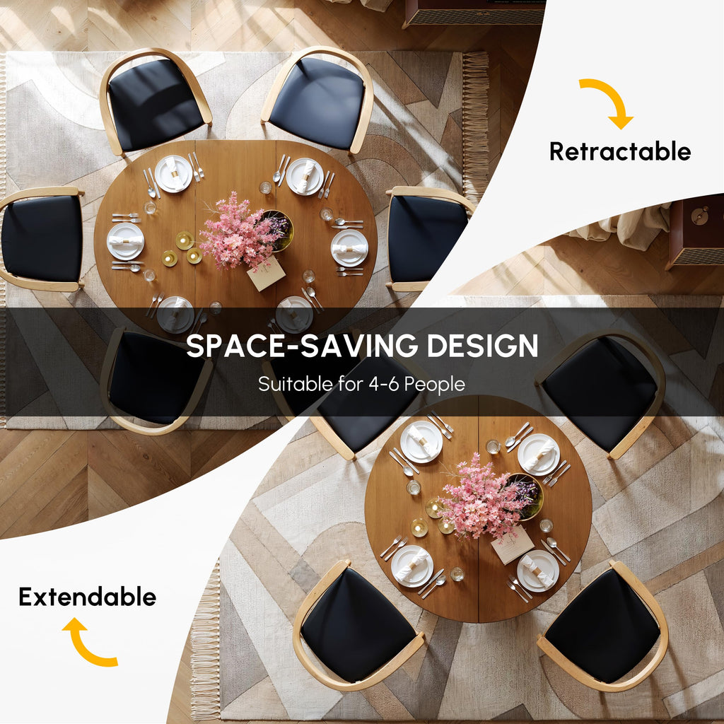 Extendable Dining Table Round to Oval 39"-55", Solid Wood Walnut Kitchen Table for 4-6 People, Space-Saving Design