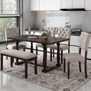 6-Piece Espresso Wooden Dining Table Set with Upholstered Bench and 4 Dining Chairs, Special-Shaped Legs and