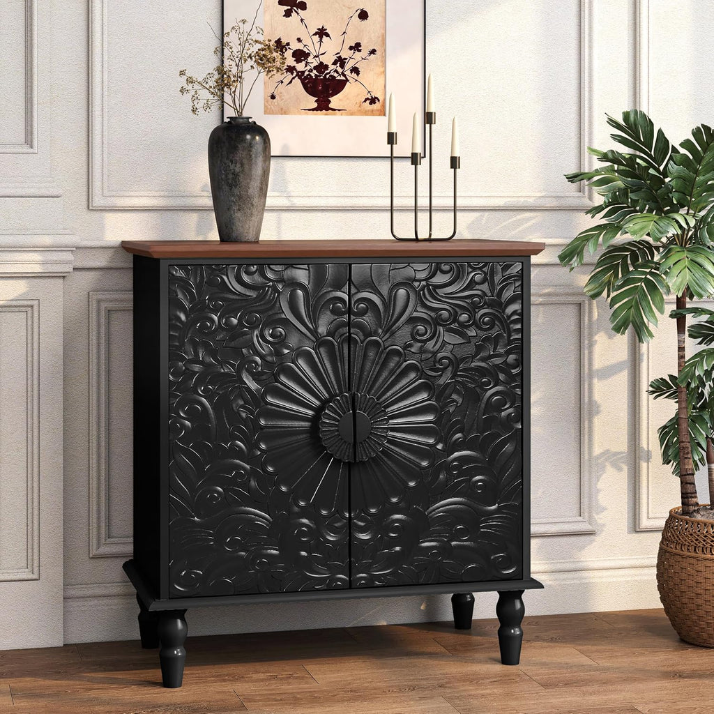 Black Sideboard Buffet Cabinet with 2 Embossed Flowers Doors | Rustic Wood Accent Storage Cabinet, Decorative Cabinet