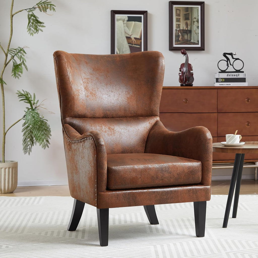 Mid-Century Modern Accent Chairs, 27" Wide Wingback Club Chair with Nailhead Trim, Fabric Reading Living Room Side