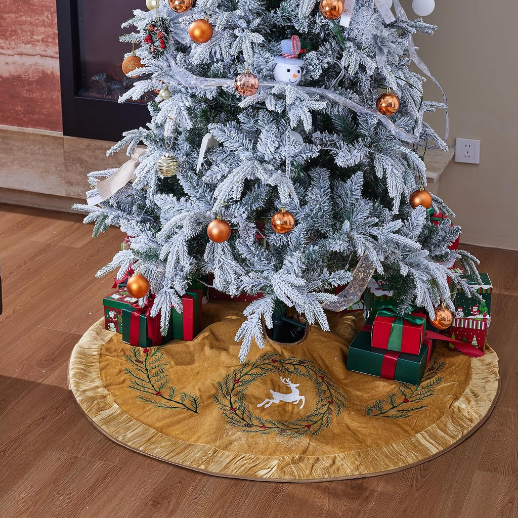 X.Sem Pine Branches Embroidered Velvet Christmas Tree Skirt with Pleat Velvet Border 50'' (Gold, 50 inch)