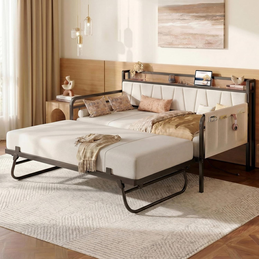Twin Daybed, Day Bed Frame with Pop Up Trundle, Wood/Beige | Pop Up Trundle Bed with Smooth Wheels, Charging Station