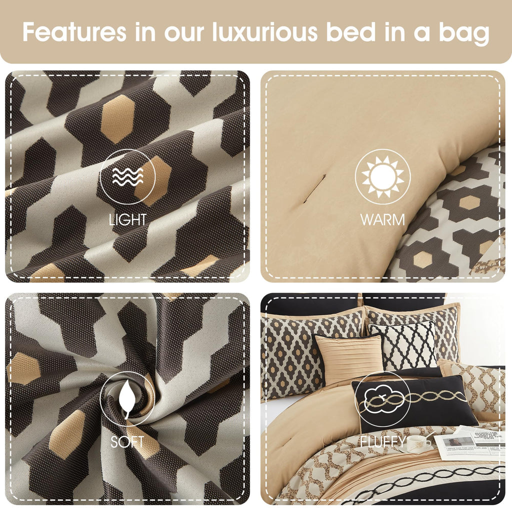 Black Gold Comforter Set, 10 Piece, Jacquard Bedding Comforters & Sets, Matching Bedskirt, Pillows & Shams