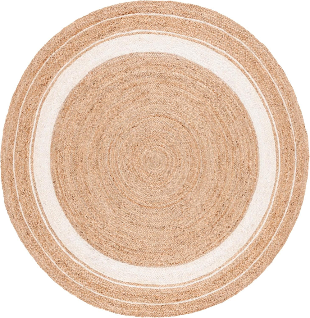 Natural Fiber Collection Area Rug - 6' Round, Natural & Ivory, Flat Weave Farmhouse Border Jute Design, Ideal for