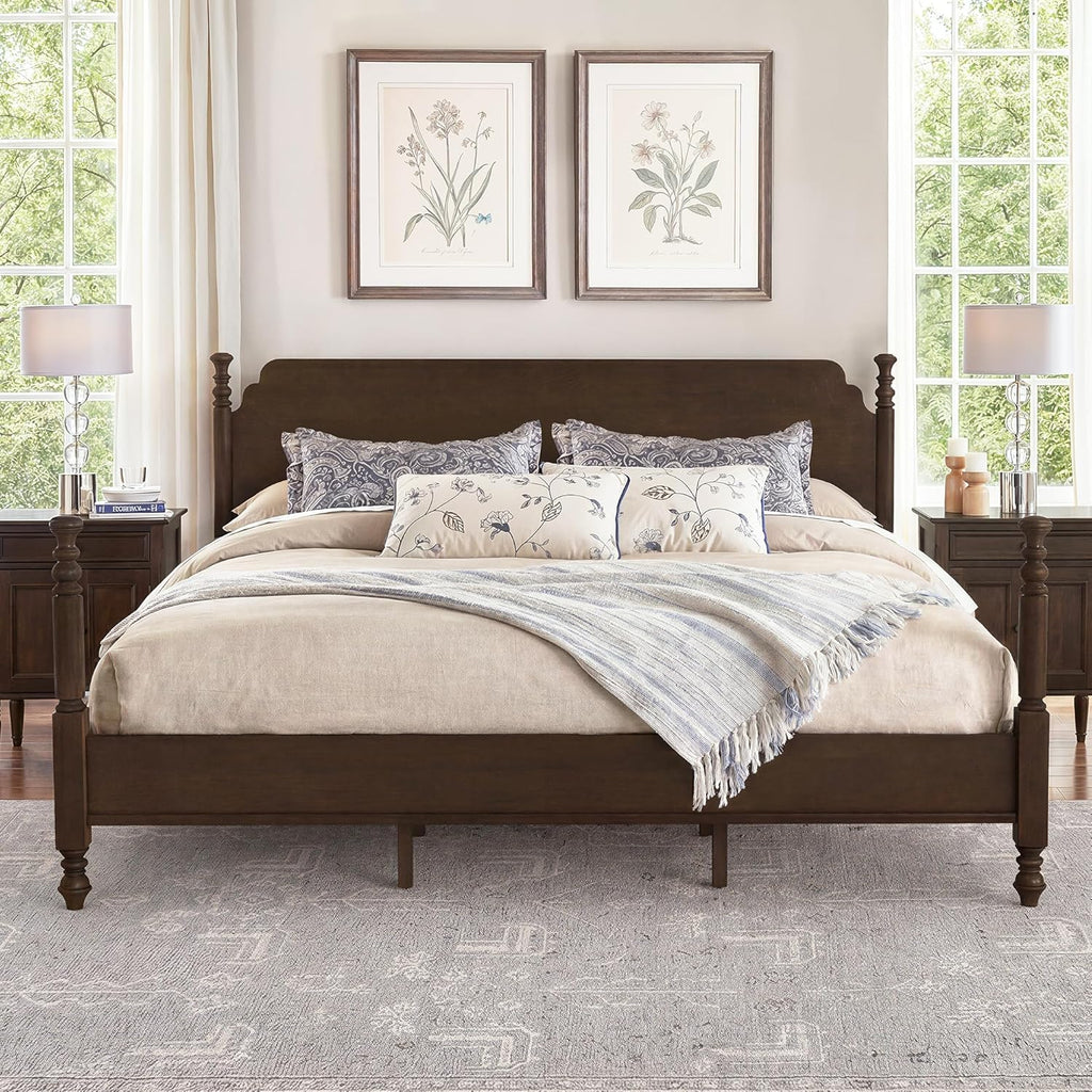 Solid Wood Spindle Post Bed Frame King with Headboard, Traditional Wooden Platform Bed, 13 Wood Slat Support, No Box