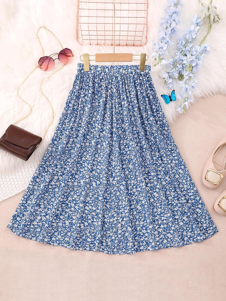New Girls Floral Maxi Skirt Boho Flowy A-Line Summer Midi Skirt with Elastic Waist