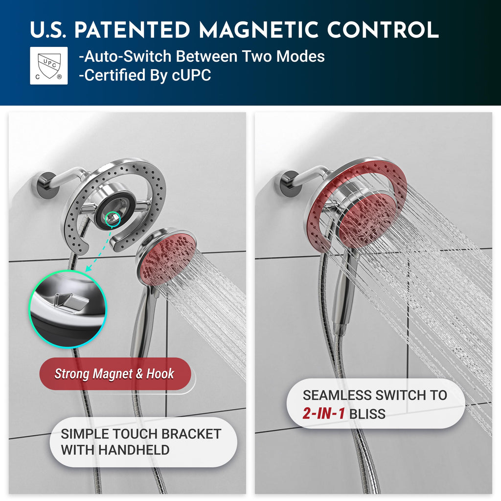 Shower Head Handheld Spray Combo 10 Mode Spray Settings Magnetic 2-in-1 High Pressure Dual Showerhead Auto-Switch