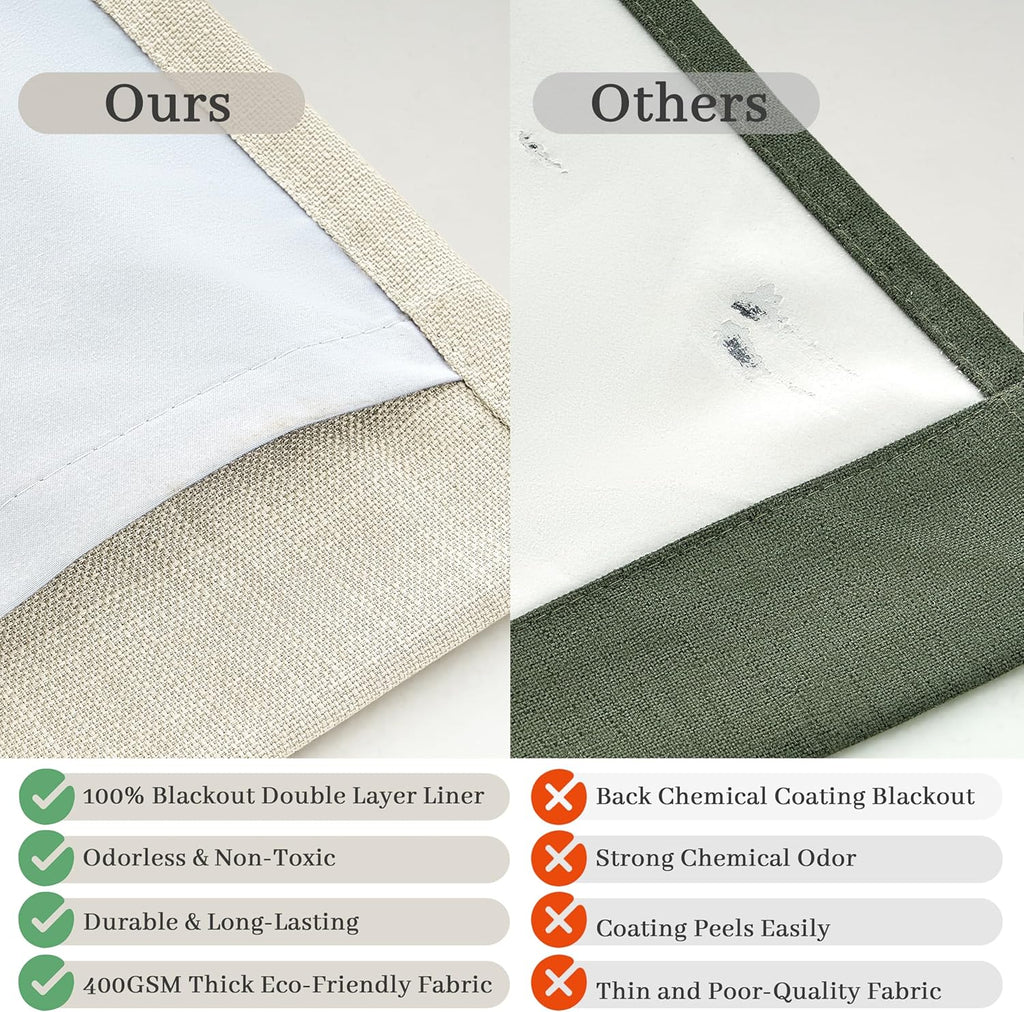 Thick Linen Sand Beige Black Out Curtains 96 Inch Long, Elegant Pinch Pleated Room Darkening Cream Curtain & Drapes